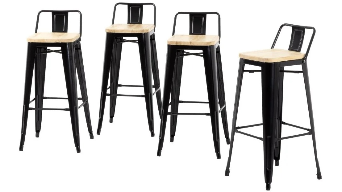 Bolero Black Bistro Metal High Bar Stool with Wooden Seat Pad and Back Rest - 4 Pack