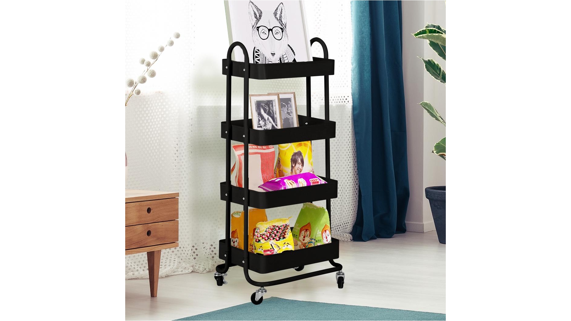 Carro De Servicio Con 4 Niveles Y Ruedas - Estantería Móvil Multiusos Para Cocina, Baño O Sala - Blanco, 43x107x30 Cm