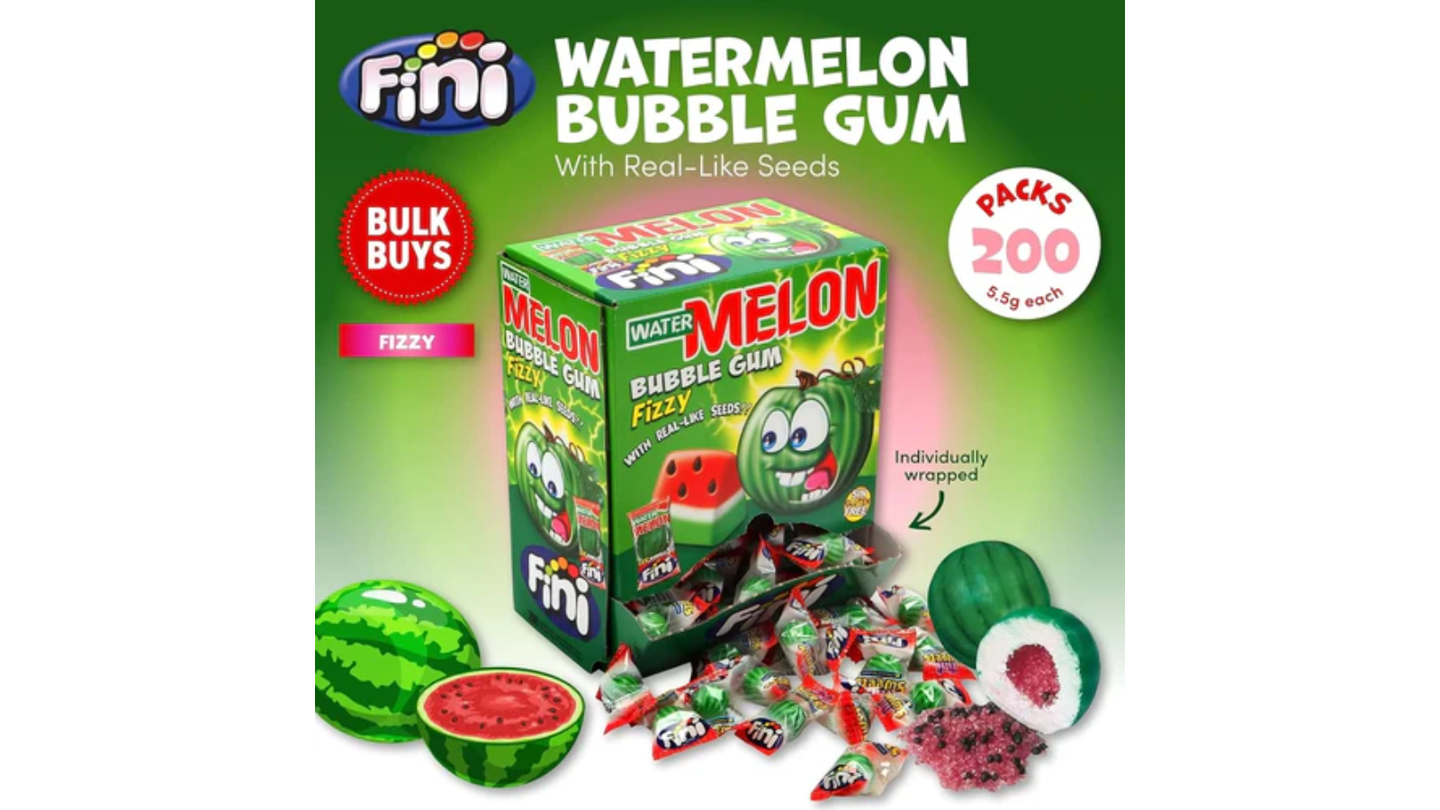 Fini 200 Watermelon Bubble Gum Fizzy Bulk Box Pack | Harvey Norman
