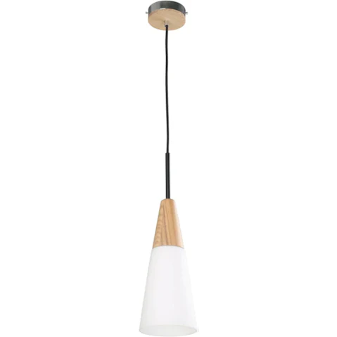 Finn Scandinavian Long Cone Opal Glass with Wood Highlight Interior Pendant Light