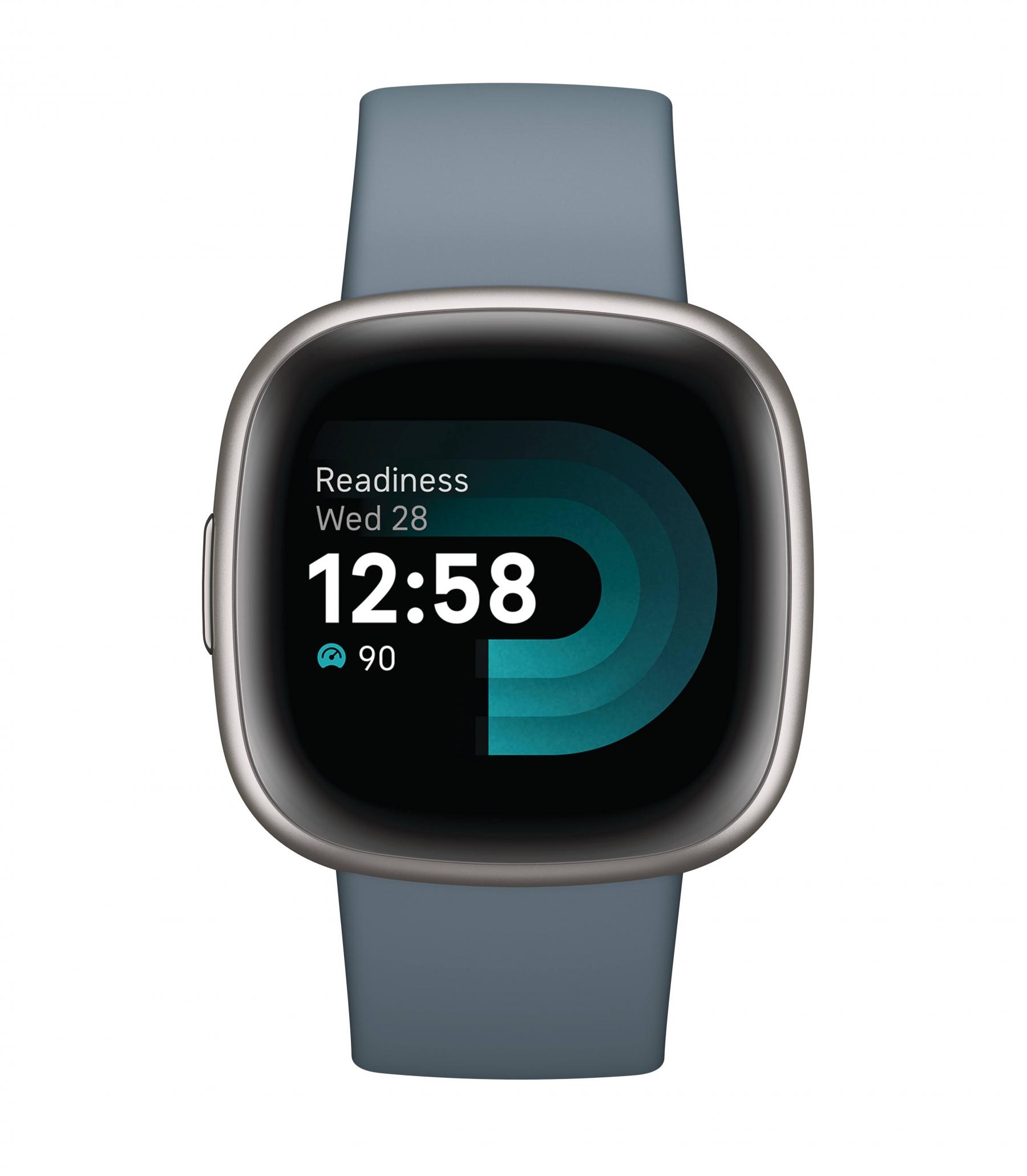 Fitbit Versa 4 Smart Fitness Watch Waterfall Blue Platinum Aluminium Harvey Norman