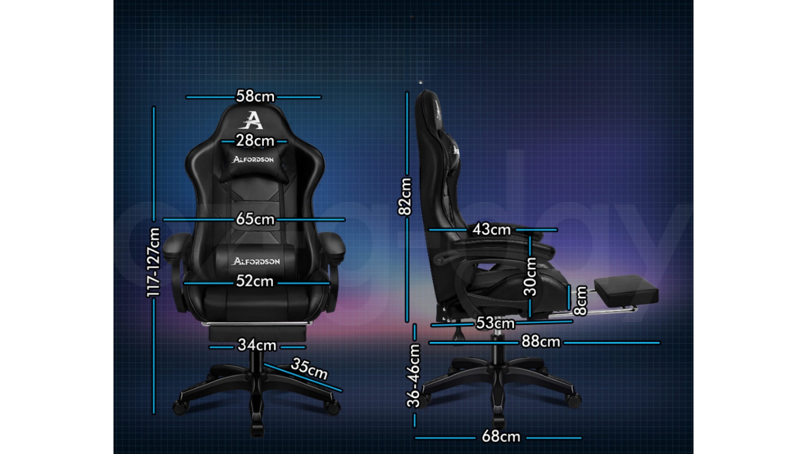ALFORDSON Gaming Chair 2 Point Massage Lumbar Pillow Xavier Black Harvey Norman