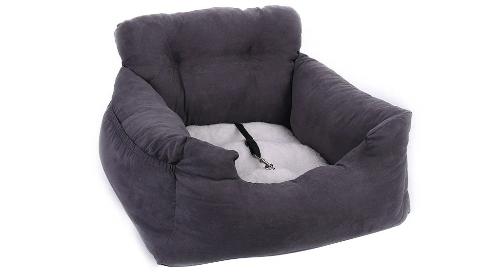 Furry Much Dog Car Booster Travel Bed with Safety Strap for Small Pets Up to 14kg - Dark Grey