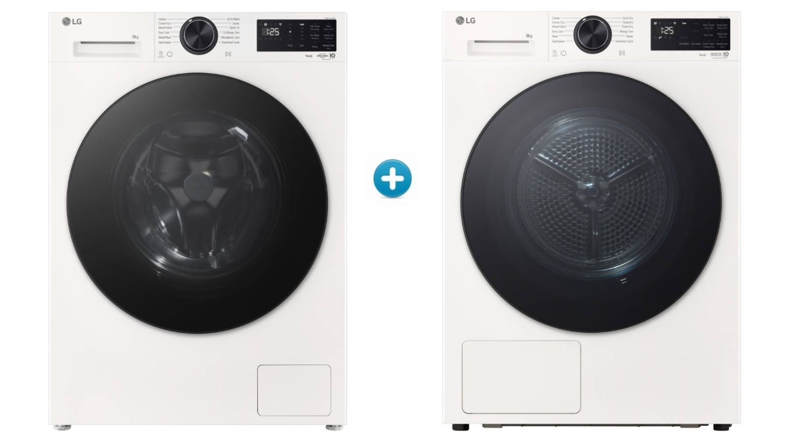 LG 8kg Series 3 Front Load Washing Machine plus ThinQ Heat Pump Condenser Dryer Package - White