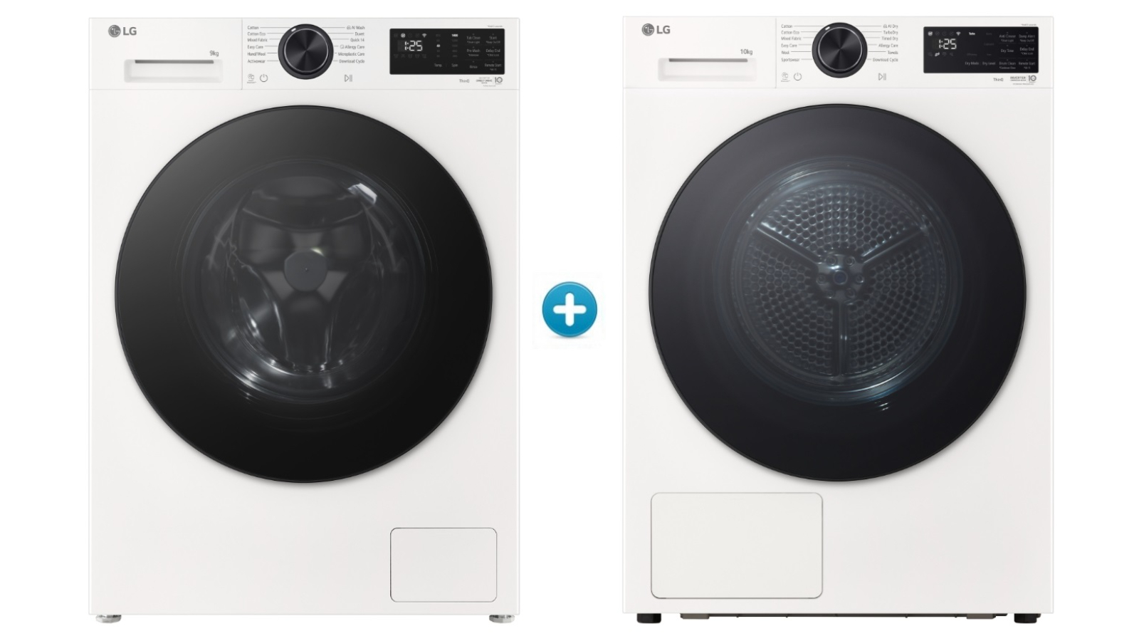 LG 9kg Series 3 Front Load Washing Machine plus 10kg ThinQ Heat Pump Condenser Dryer Package