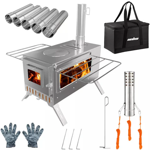 Pretty & Practical Portable 7-Pipe Wood Stove for Camping & Backyard