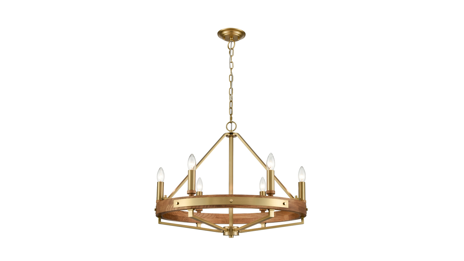 Oak Wood and Satin Brass Hardware Funale Candelabra 6 Pendant Light - Medium