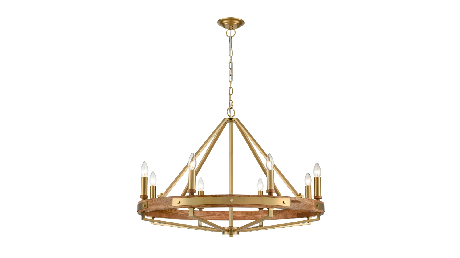 Oak Wood and Satin Brass Hardware Funale Candelabra 8 Pendant Light - Medium