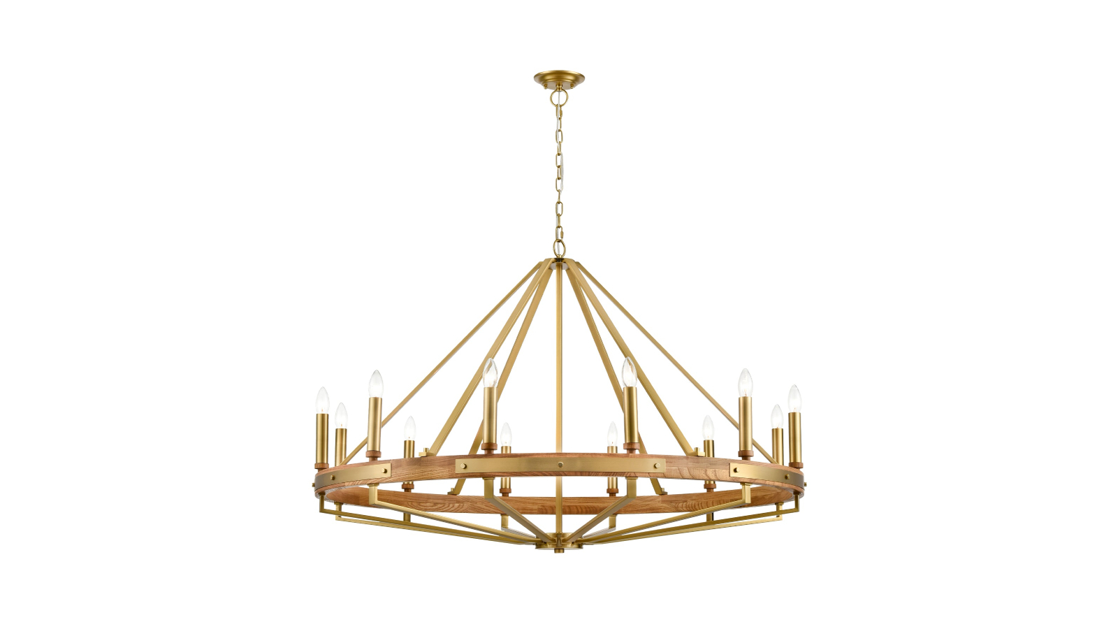 Oak Wood and Satin Brass Hardware Funale Candelabra 12 Pendant Light - 121.2cm