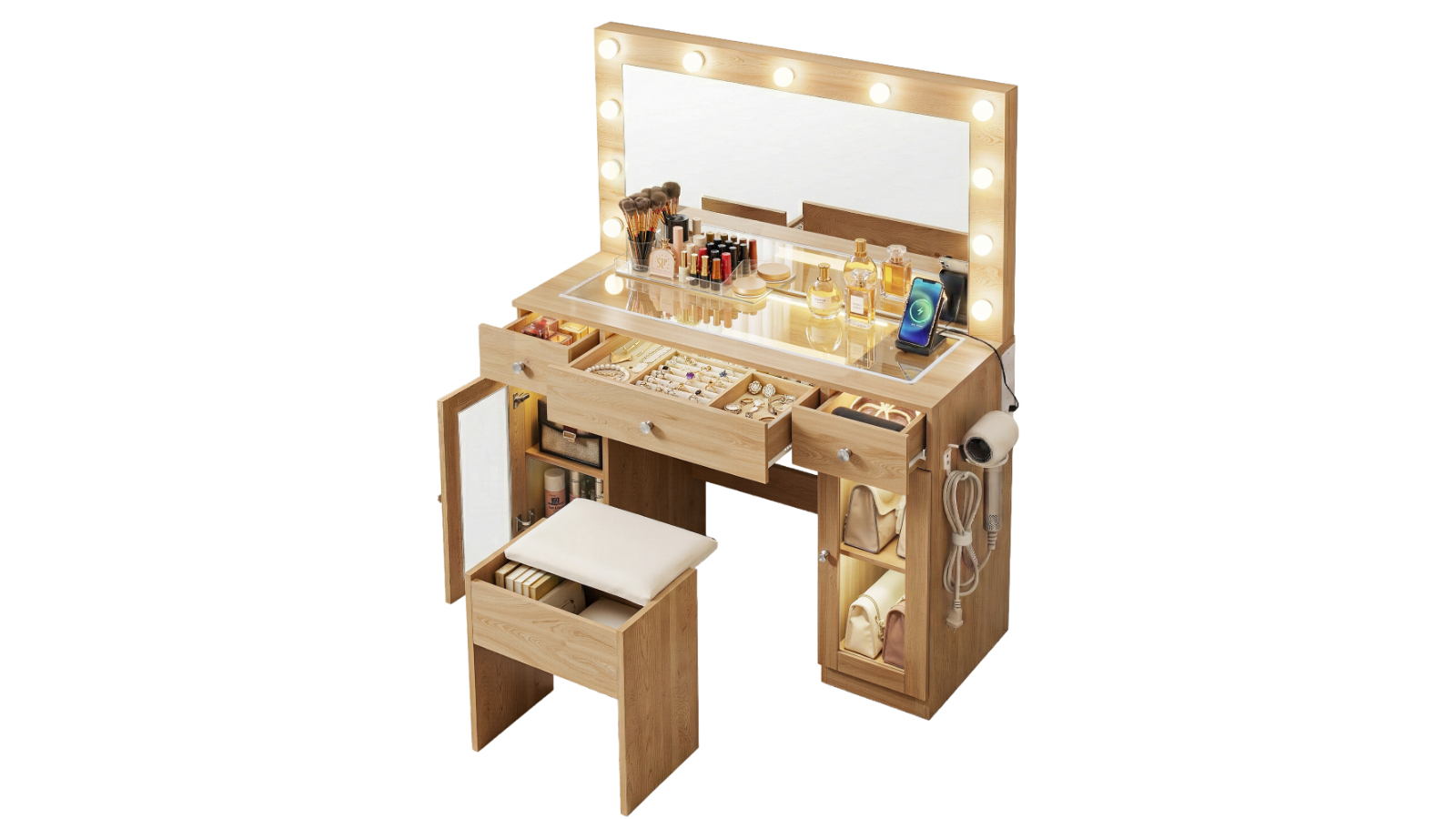 Artiss LED Vanity Desk Stool Set - Wood