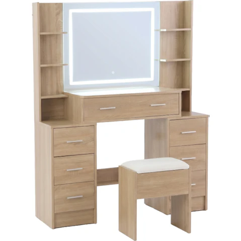 Artiss Stool LED Charging Station Vanity Desk Set - Wood