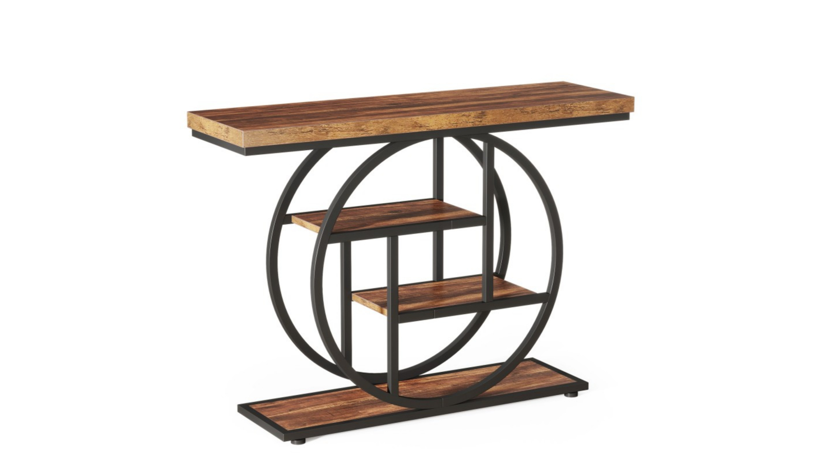 Oakory 105cm Industrial Console Table with Black Circular Metal Base and 4-Tier Shelf - Rustic Brown
