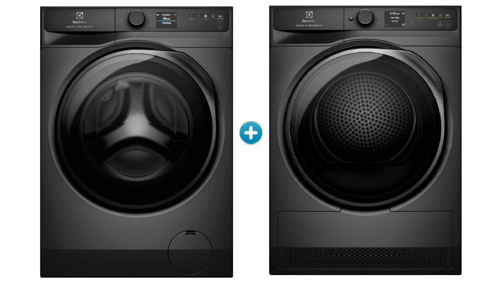Electrolux 12kg UltimateCare 900 Front Load Washing Machine plus 9kg Steam Heat Pump Dryer Package - Dark Onyx