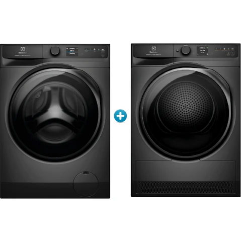 Electrolux 12kg UltimateCare 900 Front Load Washing Machine plus 9kg Steam Heat Pump Dryer Package - Dark Onyx
