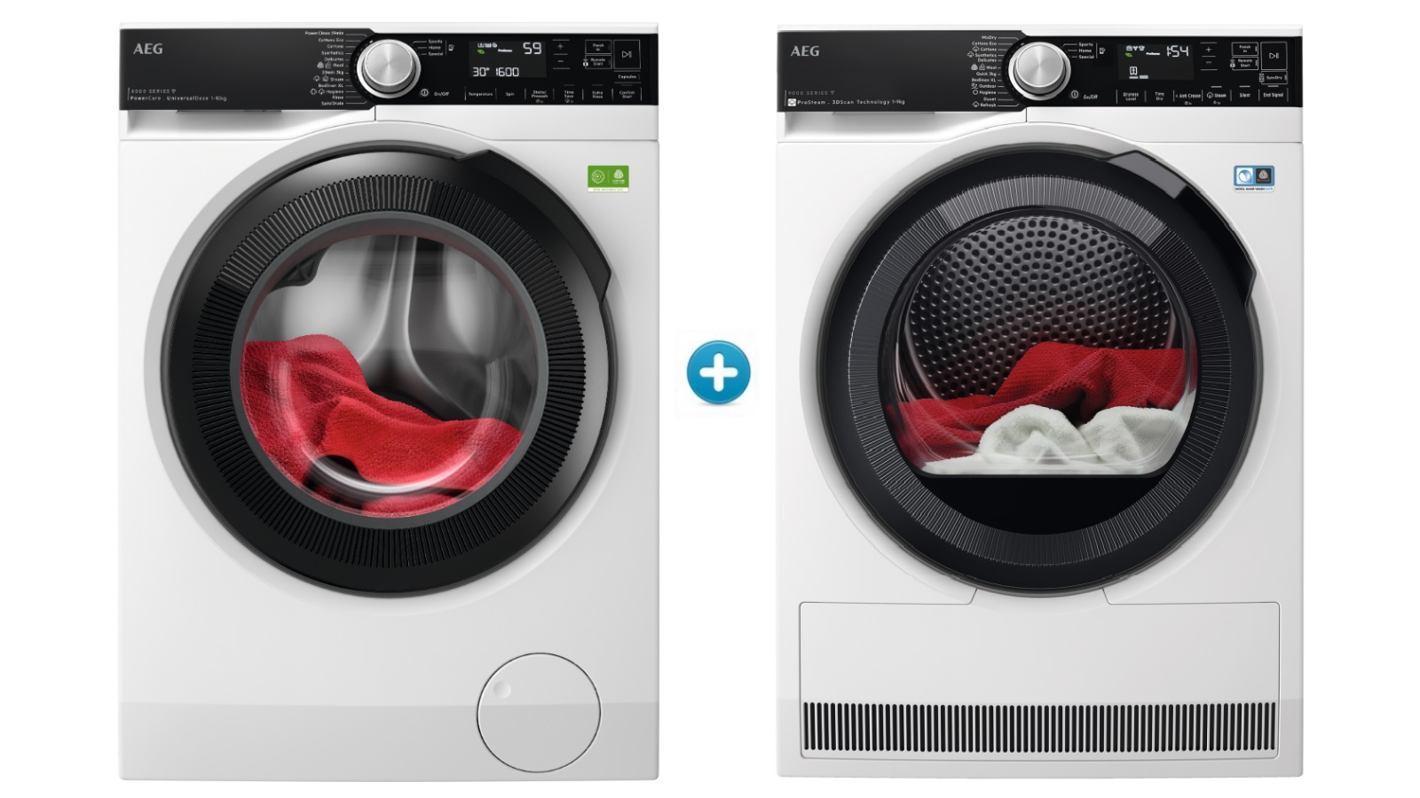 AEG 10kg 8000 Series PowerCare Front Load Washing Machine plus 9kg 9000 Series 3D-Scan Heat Pump Dryer Package