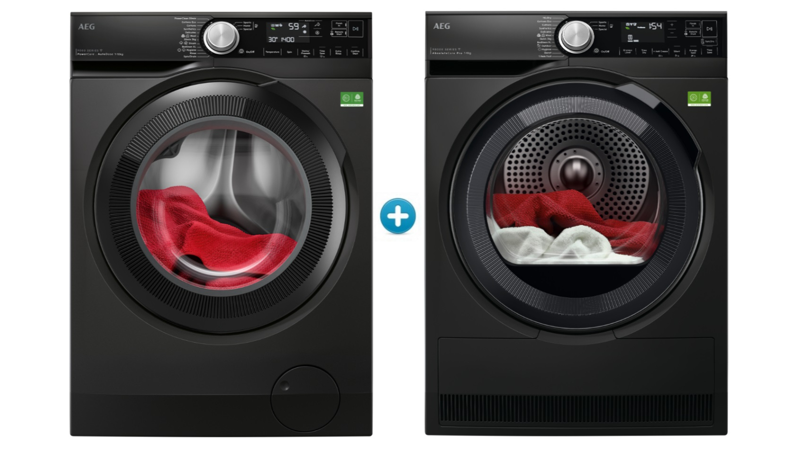 AEG 10kg 9000 Series PowerCare Front Load Washing Machine plus 9kg 9000X Series AbsoluteCare Pro Heat Pump Dryer Package