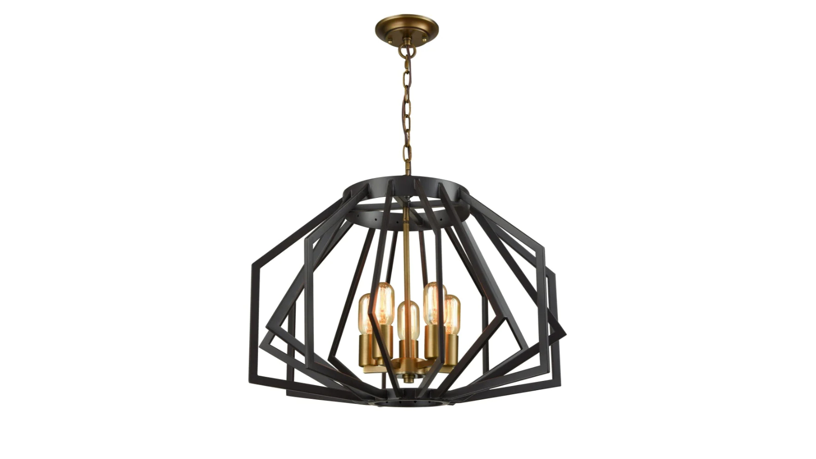Gamba Industrial Black Rustic Antique Brass Wide Angular Cage ES x 5 Pendant Light