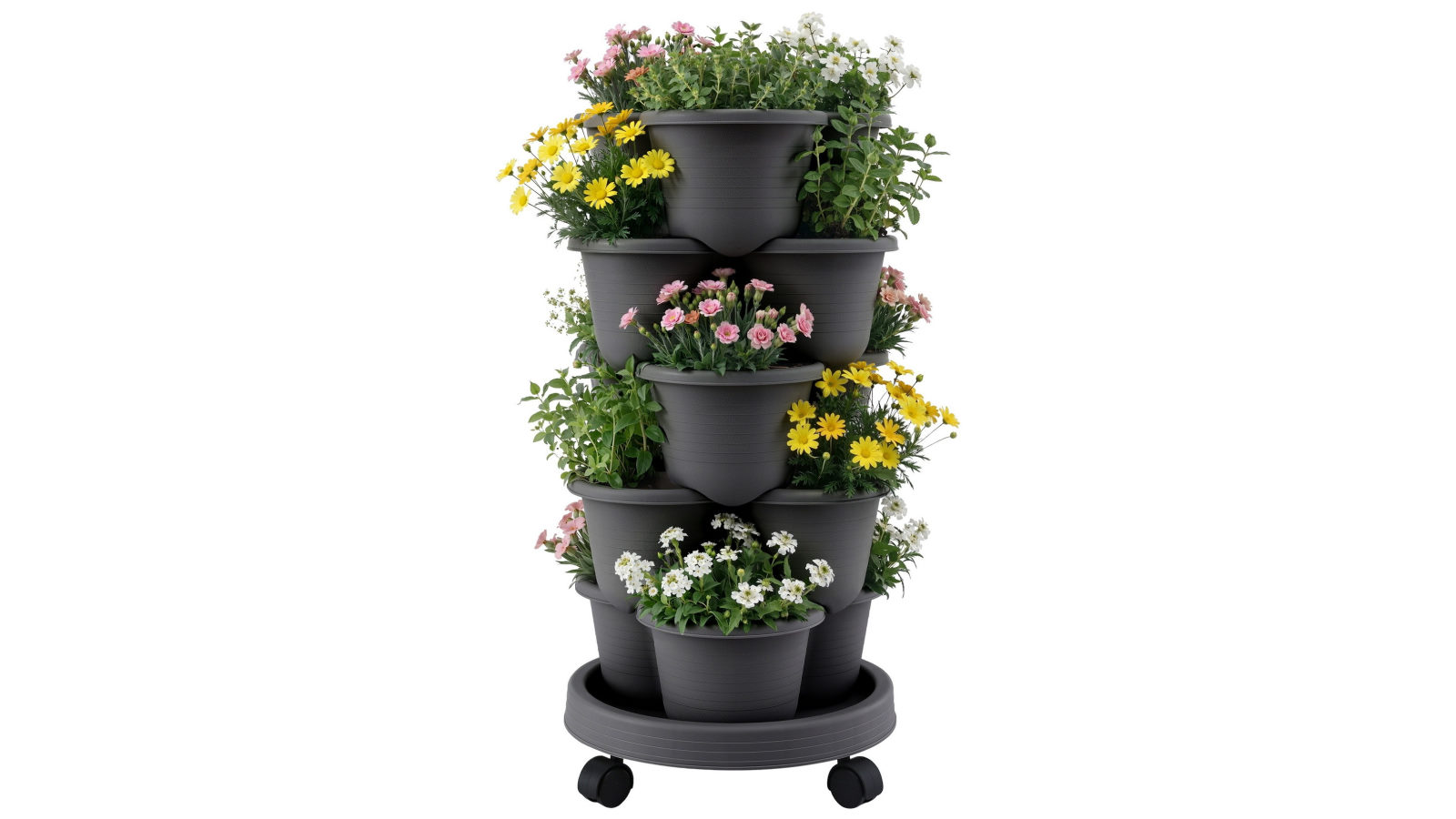 Green Fingers 5 Tier Vertical Garden Planter, Stackable Planters with Wheels - Black