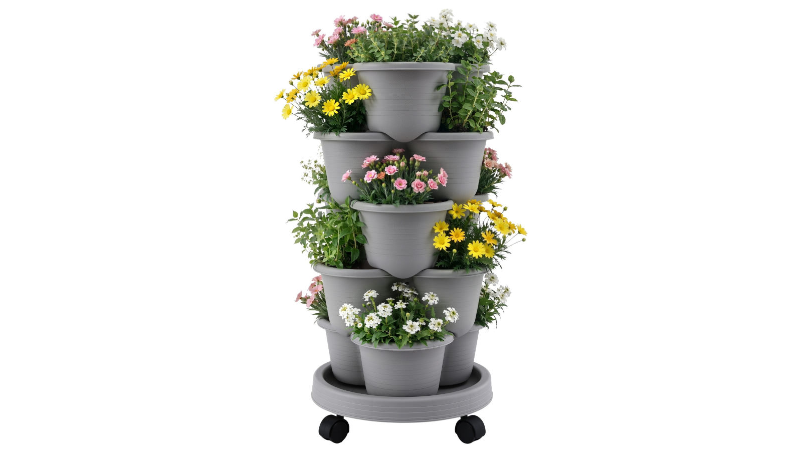 Green Fingers 5 Tier Vertical Garden Planter, Stackable Planters with Wheels - Grey