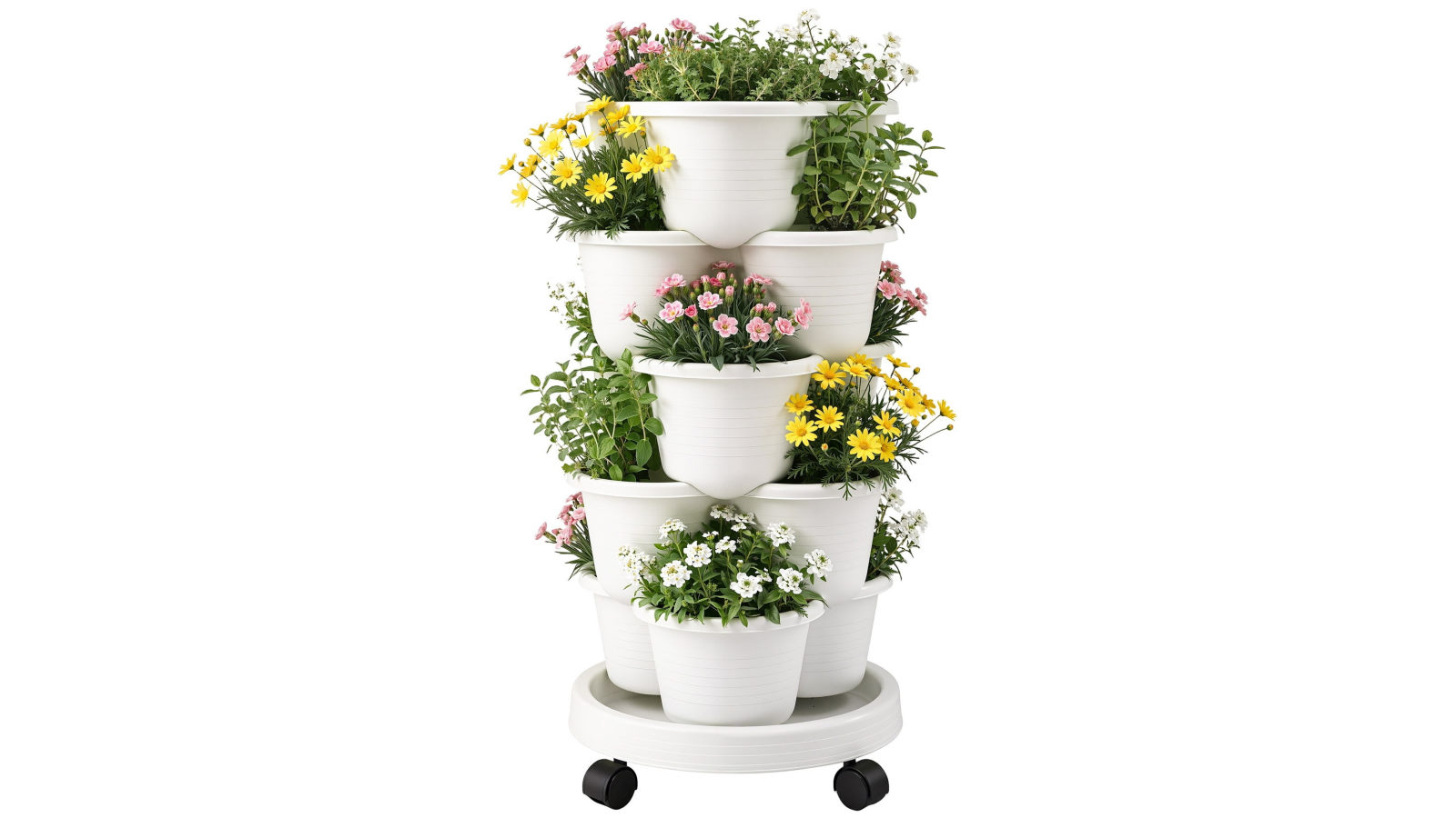 Green Fingers 5 Tier Vertical Garden Planter, Stackable Planters with Wheels - White