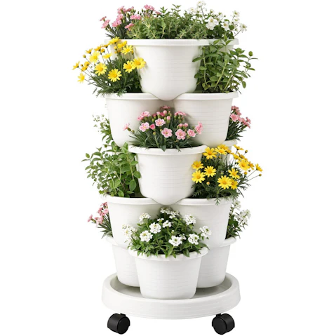 Green Fingers 5 Tier Vertical Garden Planter, Stackable Planters with Wheels - White
