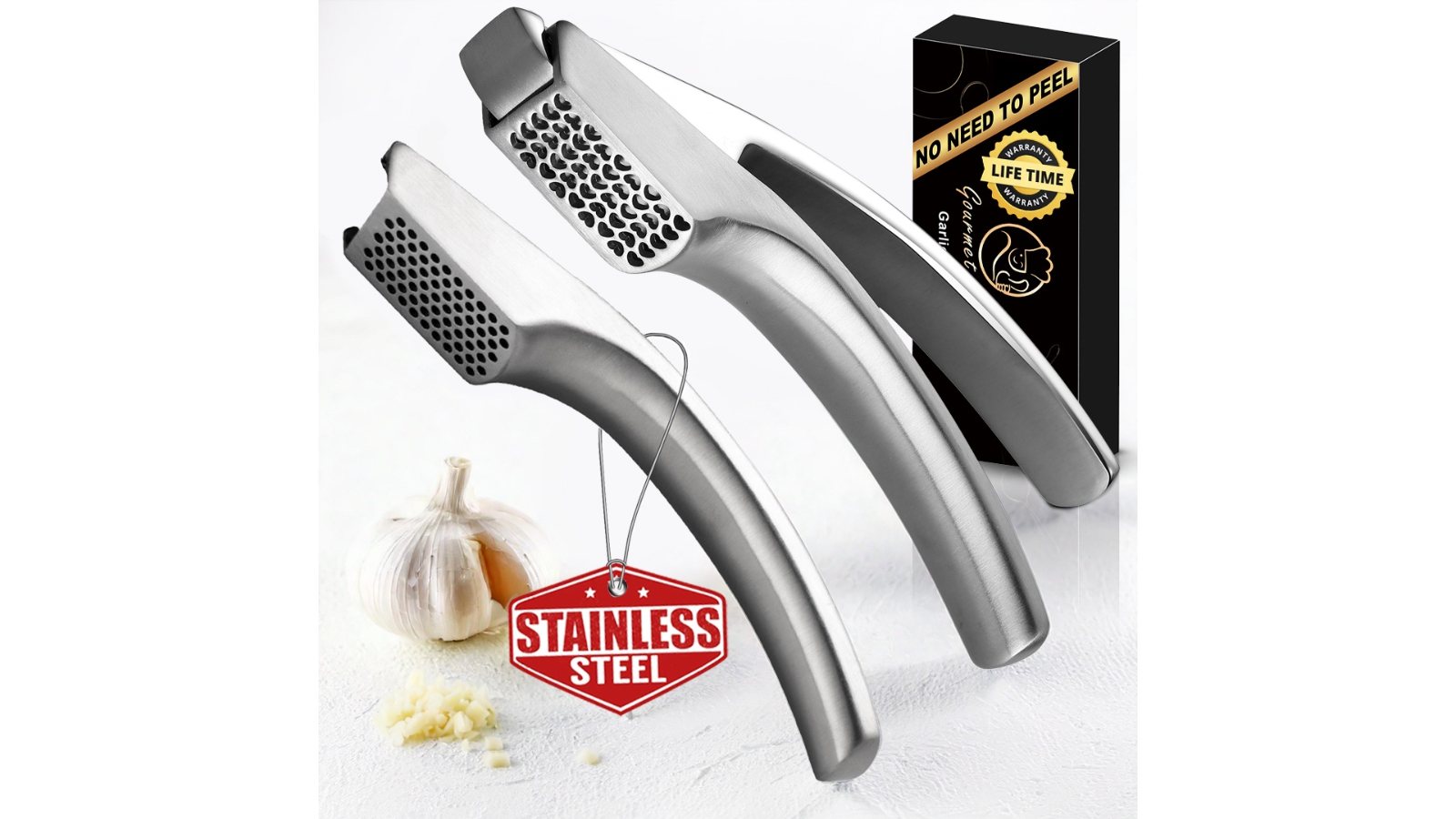 Gourmet Easy Stainless Steel Garlic Press with 2 Detachable Handle