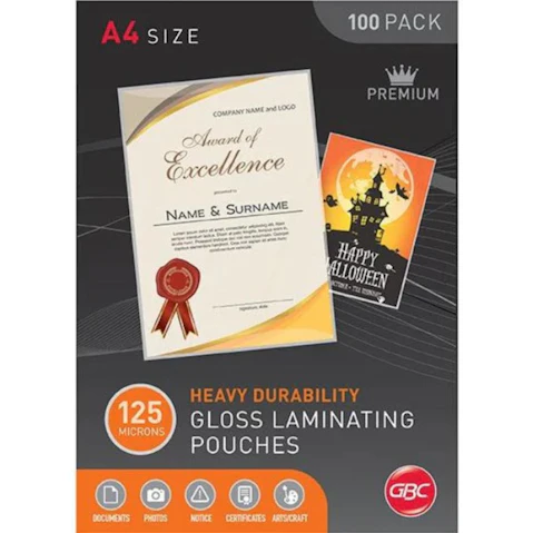 GBC Pack of 100 Gloss 125 Micron A4 Clear Laminating Pouch