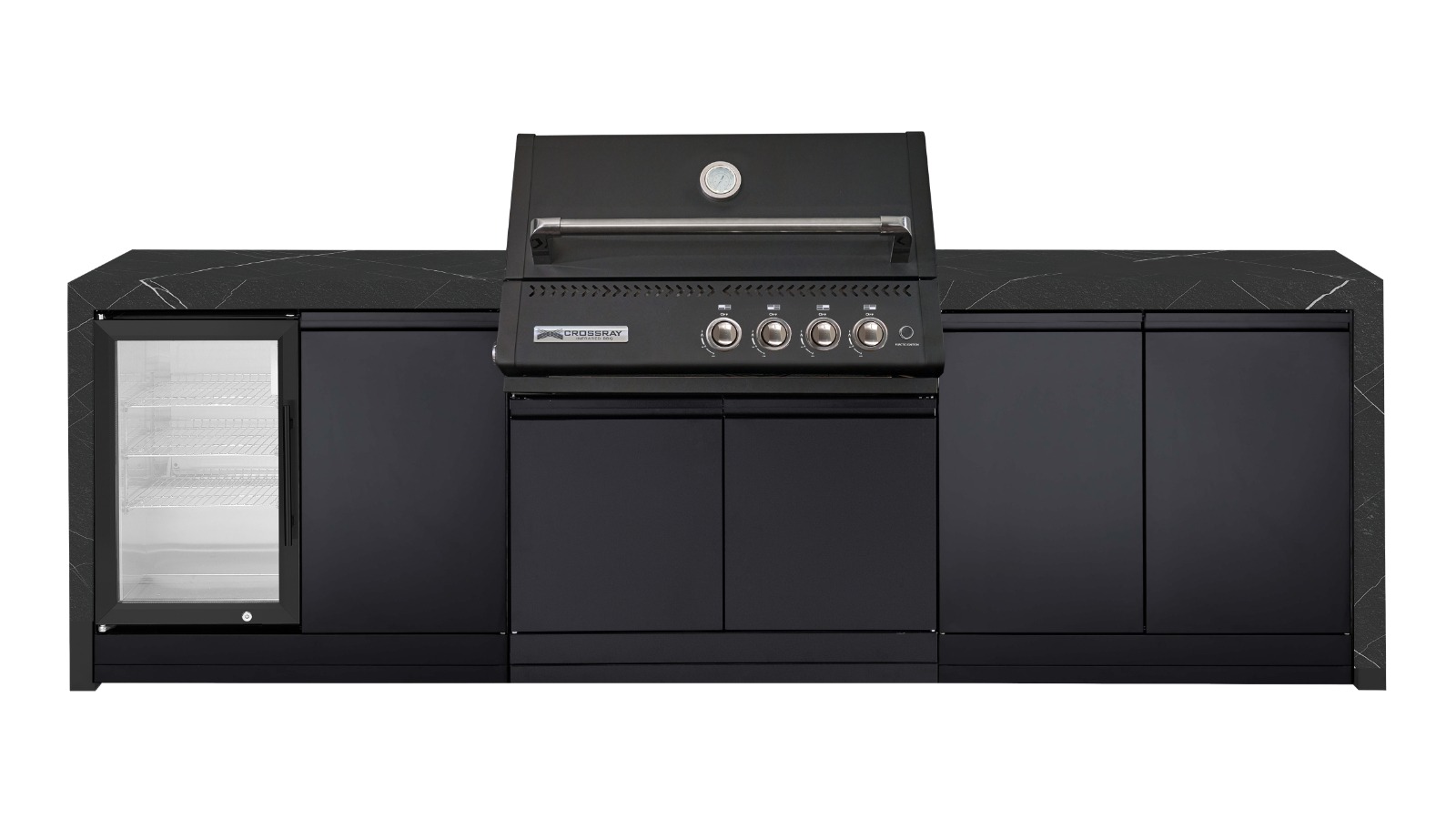 Crossray Premium XPlor Black Outdoor Kitchen with Black Benchtops, Waterfalls and Single Fridge