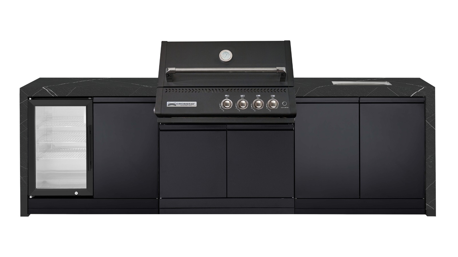 Crossray Premium XPlor Black Outdoor Kitchen with Black Benchtops, Waterfalls, Sink and Single Fridge
