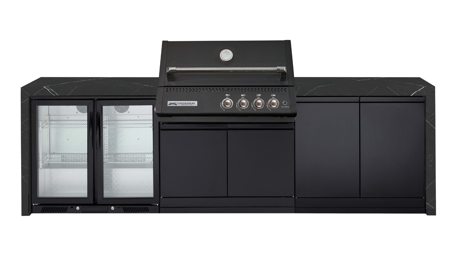 Crossray Premium XPlor Black Outdoor Kitchen with Black Benchtops, Waterfalls and Double Fridge