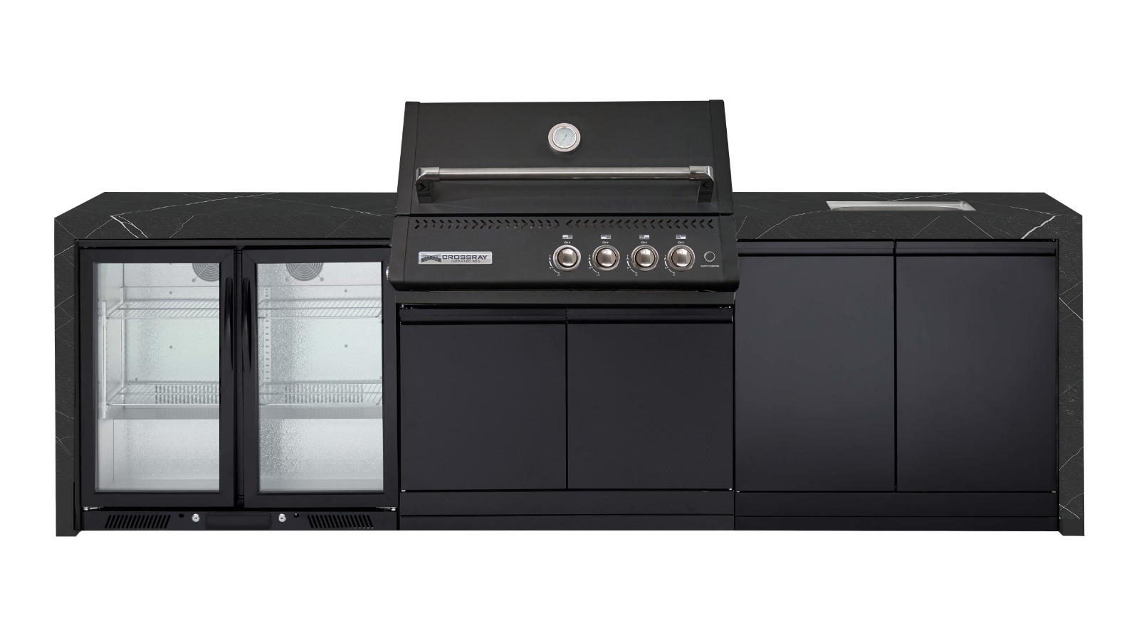 Crossray Premium XPlor Black Outdoor Kitchen with Black Benchtops, Waterfalls, Sink and Double Fridge