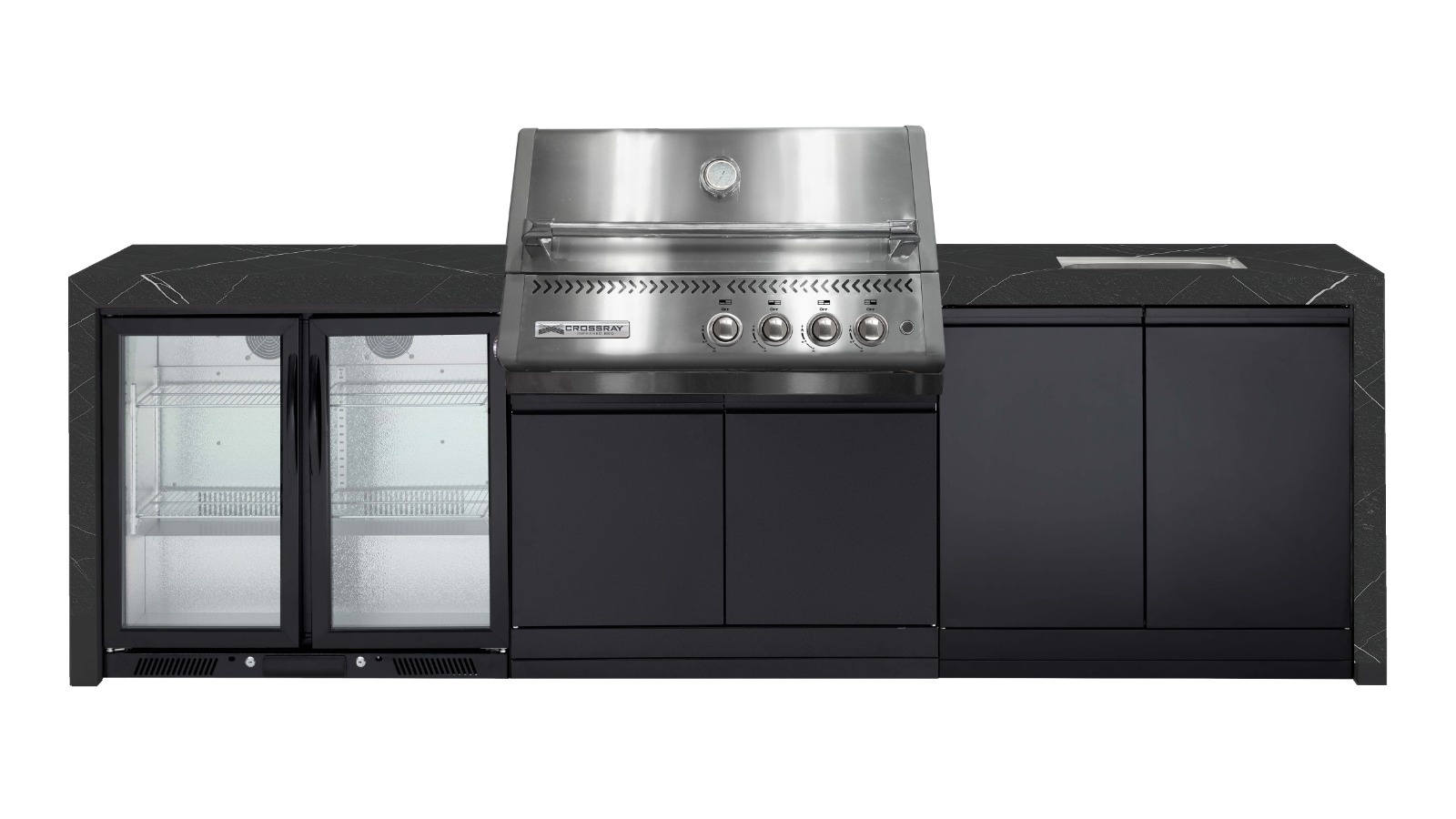 Crossray Premium XPlor Silver Outdoor Kitchen with Black Benchtops, Waterfalls, Sink and Double Fridge