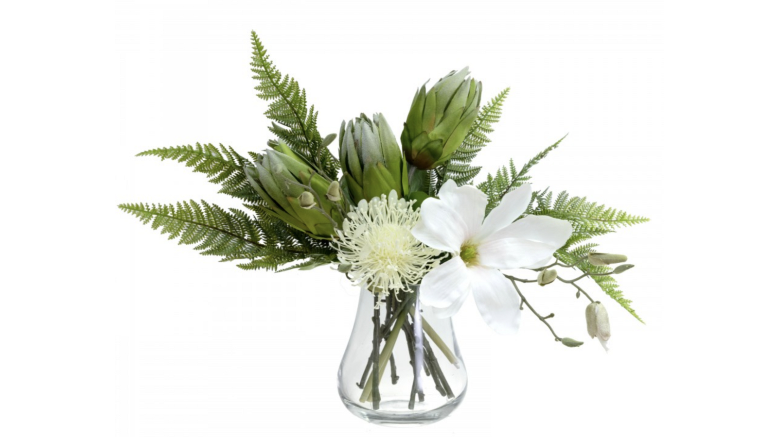 Fusion 50cm Magnolia and Protea Arrangement in Glass Vase Artificial