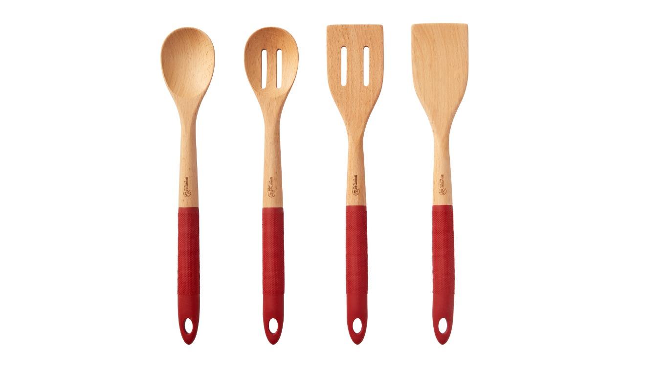 Gourmet Kitchen 4 Piece Rustic Beech Wood Kitchen Utensil Set with Red Silicone Grip