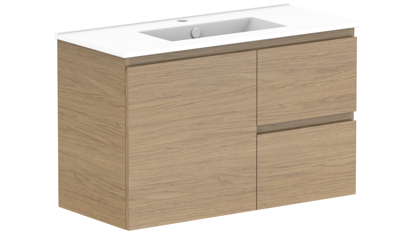 ADP Glacier Twin Lite Ensuite Door & Drawer 900mm Wall Hung Vanity with Ceramic top Harvey Norman