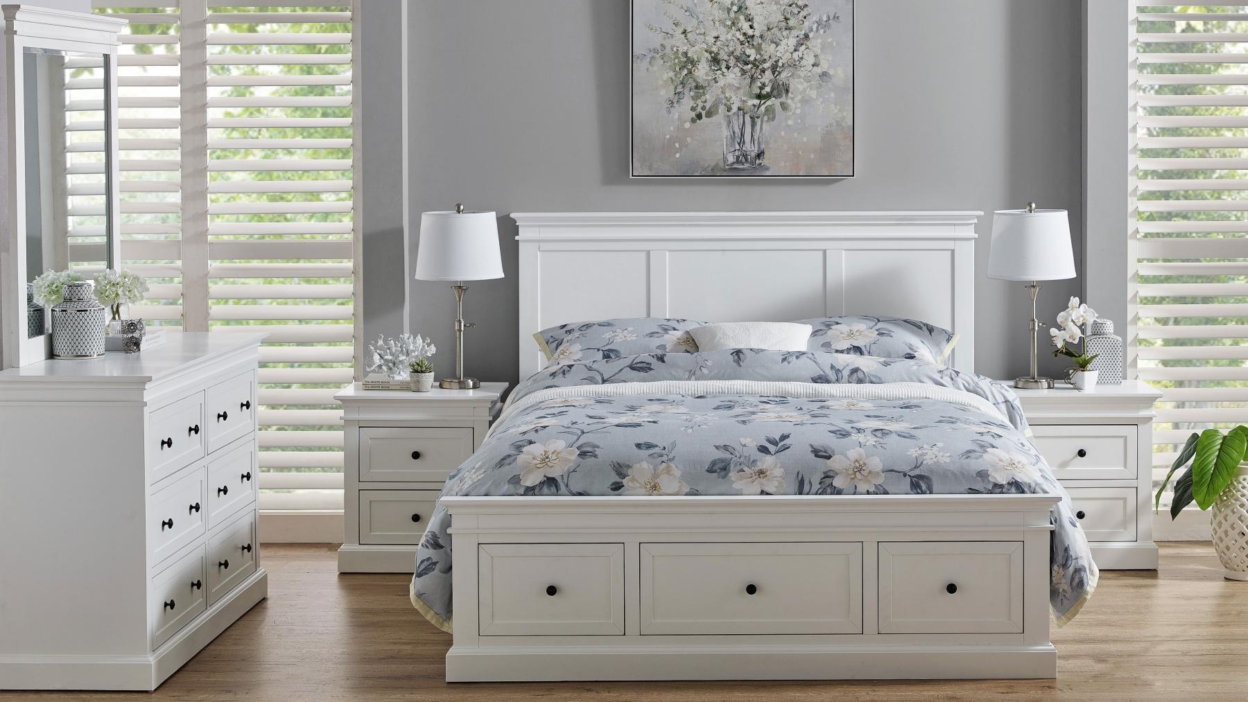 Spencer 4 Piece White Bedroom Suite with Dresser and Mirror