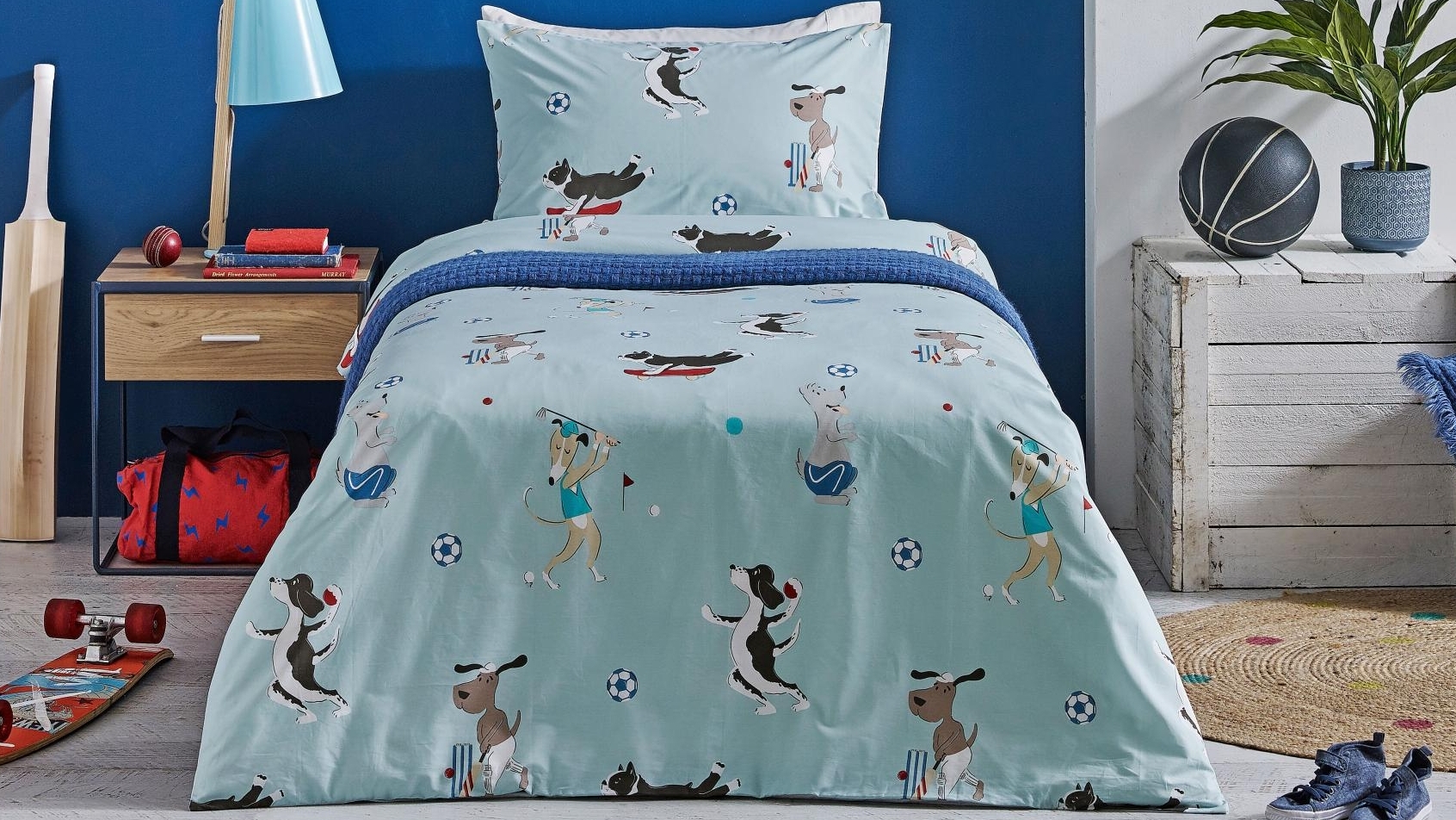 Playful Pups Blue Quilt Cover Set - Queen