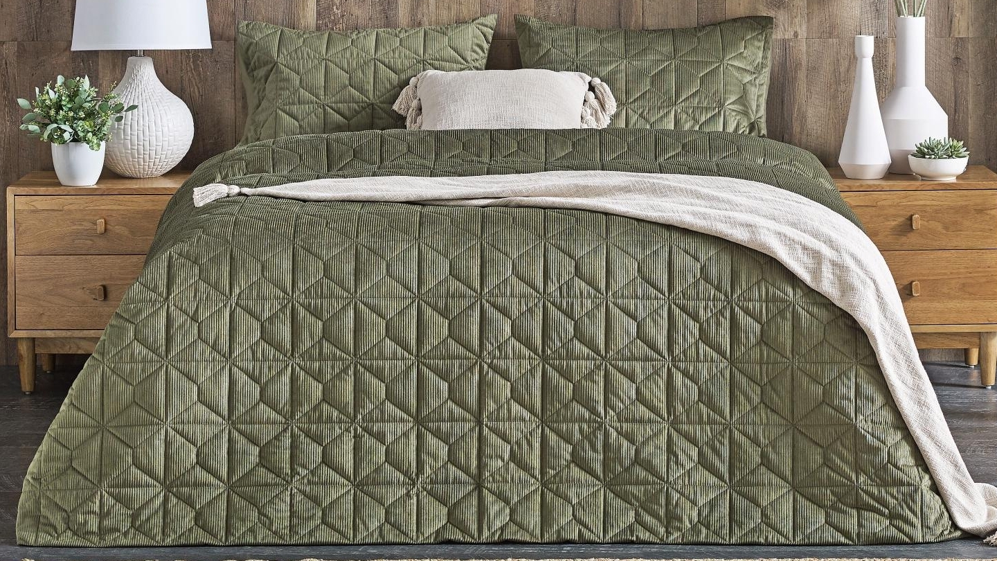 L'Avenue Marla Olive Quilted Corduroy Quilt Cover Set - Double