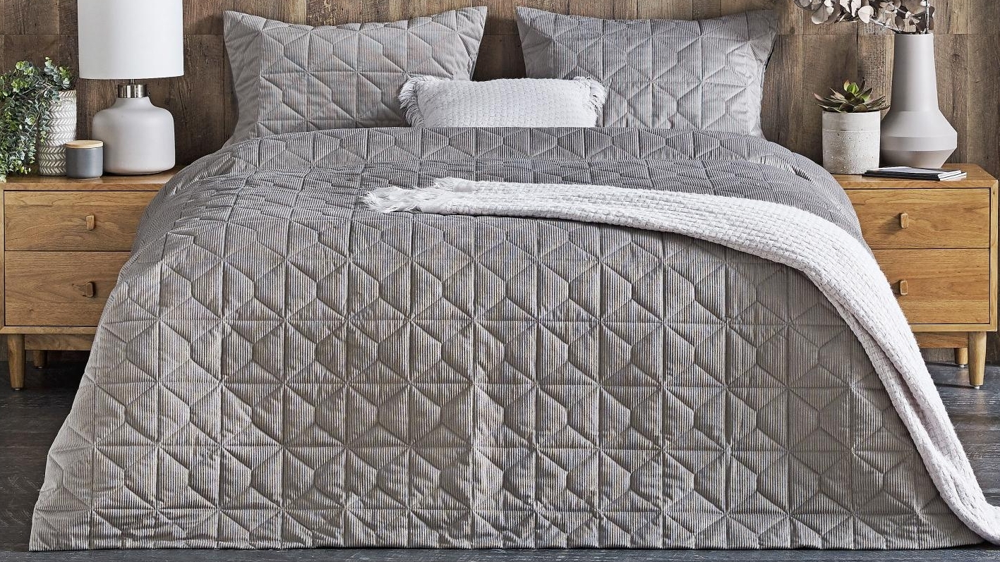 L'Avenue Marla Grey Quilted Corduroy Quilt Cover Set Harvey Norman