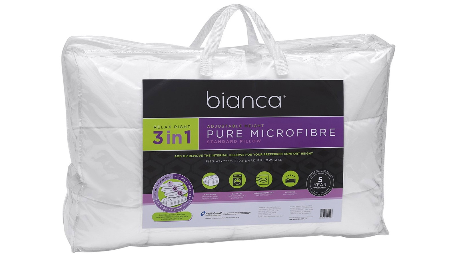 Bianca Relax Right 3-in-1 Adjustable Height Microfibre Standard Pillow 