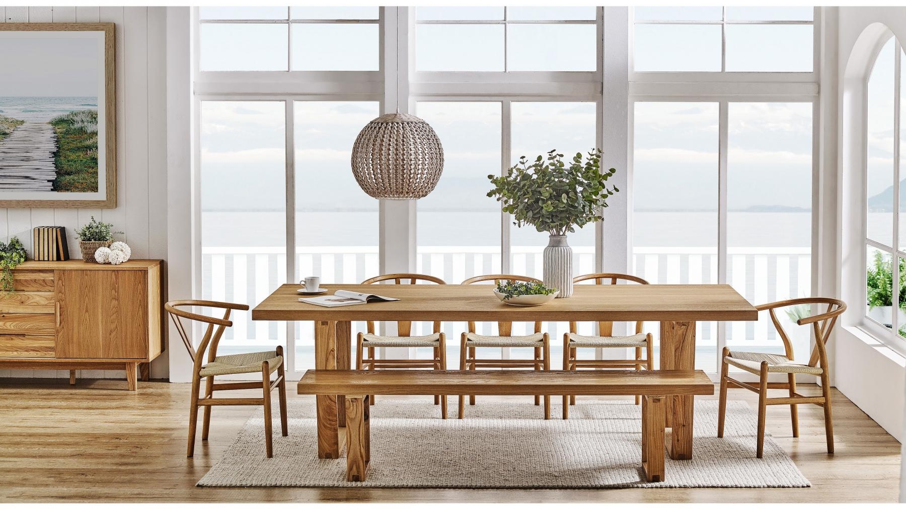 Airlie 7Piece Rectangular Dining Setting with Bench Natural Harvey