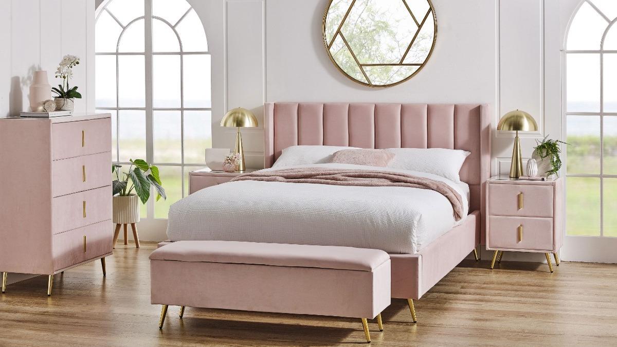 Zoe Queen Bed - Blush | Harvey Norman