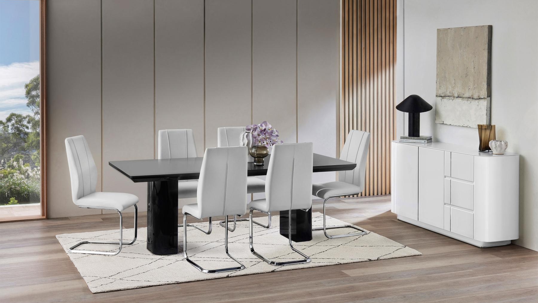 Bolero 7-Piece Dining Table Set - Black Table with White Chairs