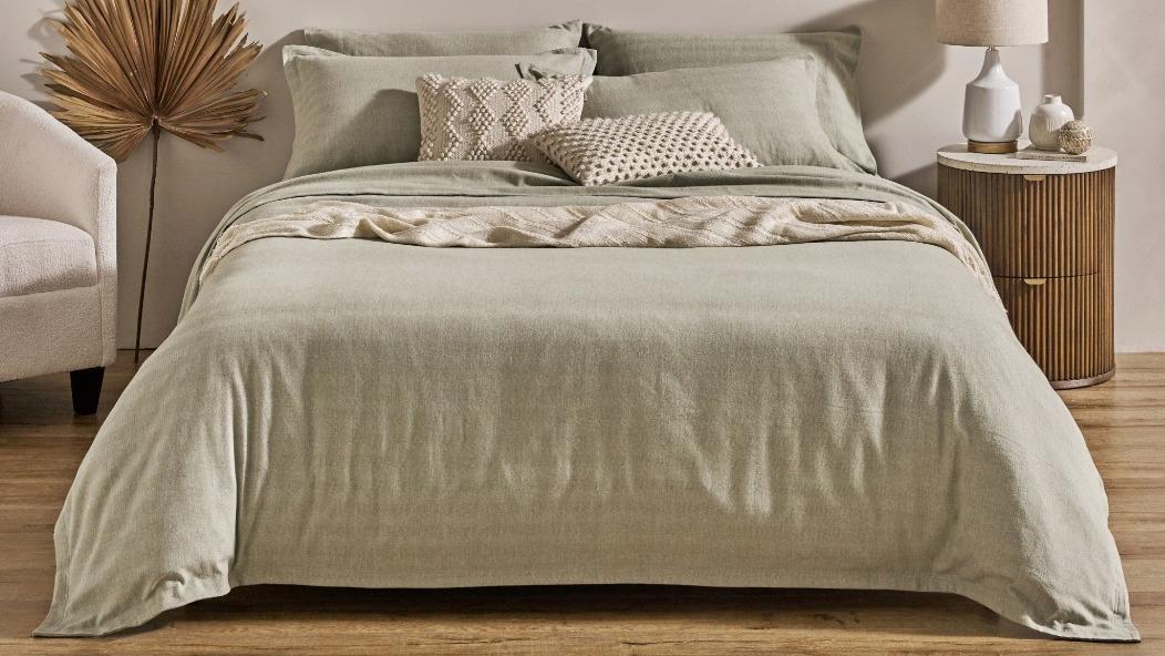 L'Avenue Heather Flannelette Sage Quilt Cover Set - Double