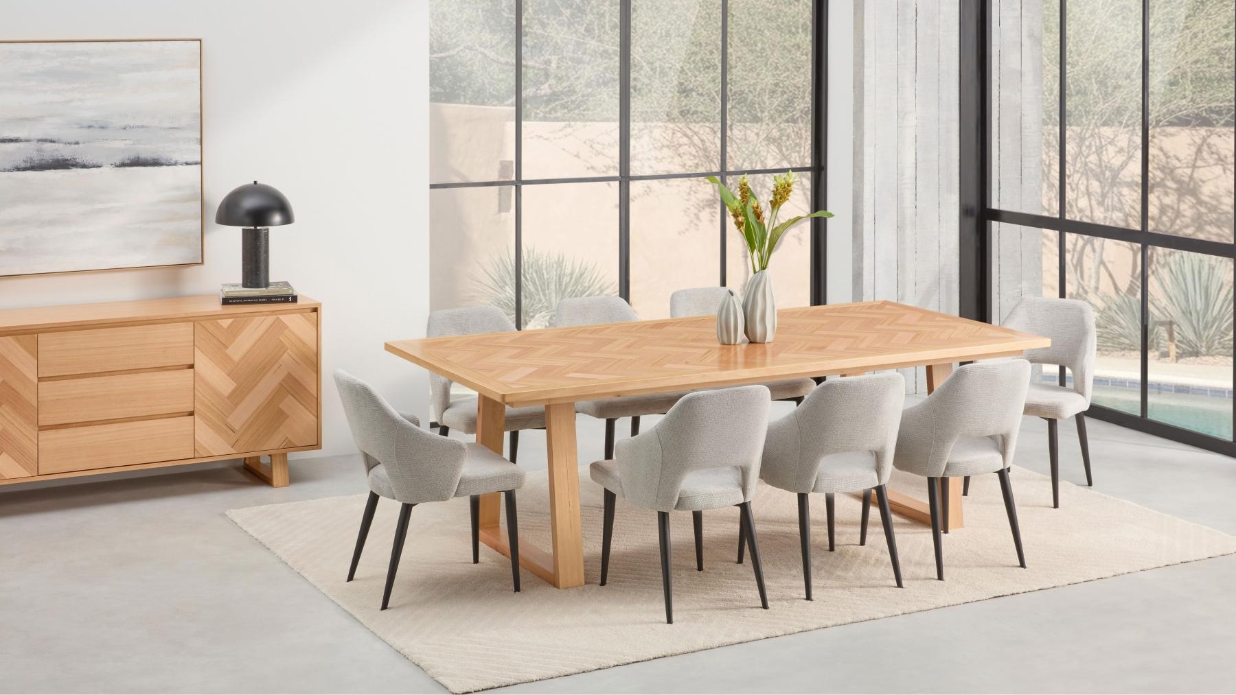 Regalia 9-Piece Dining Table Set with Grey Fabric Dining Chairs