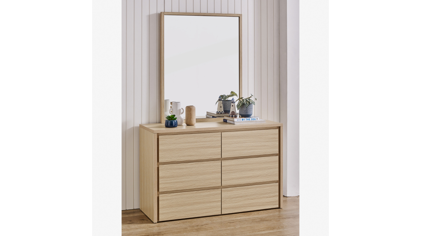 Seashell 6-Drawer Alpine Oak Dresser with Mirror
