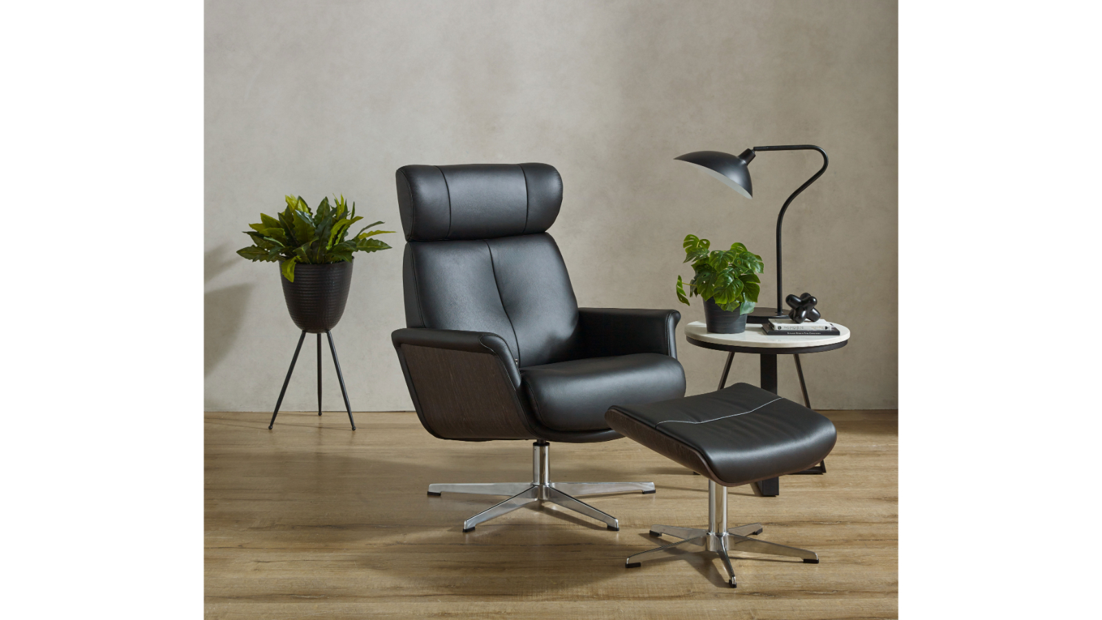 Timothy Leather Recliner Armchair with Footstool - Black