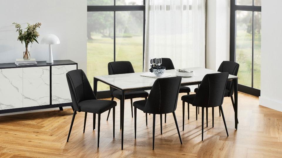Cosmo 7-Piece Dining Table Set with Black PU Chairs
