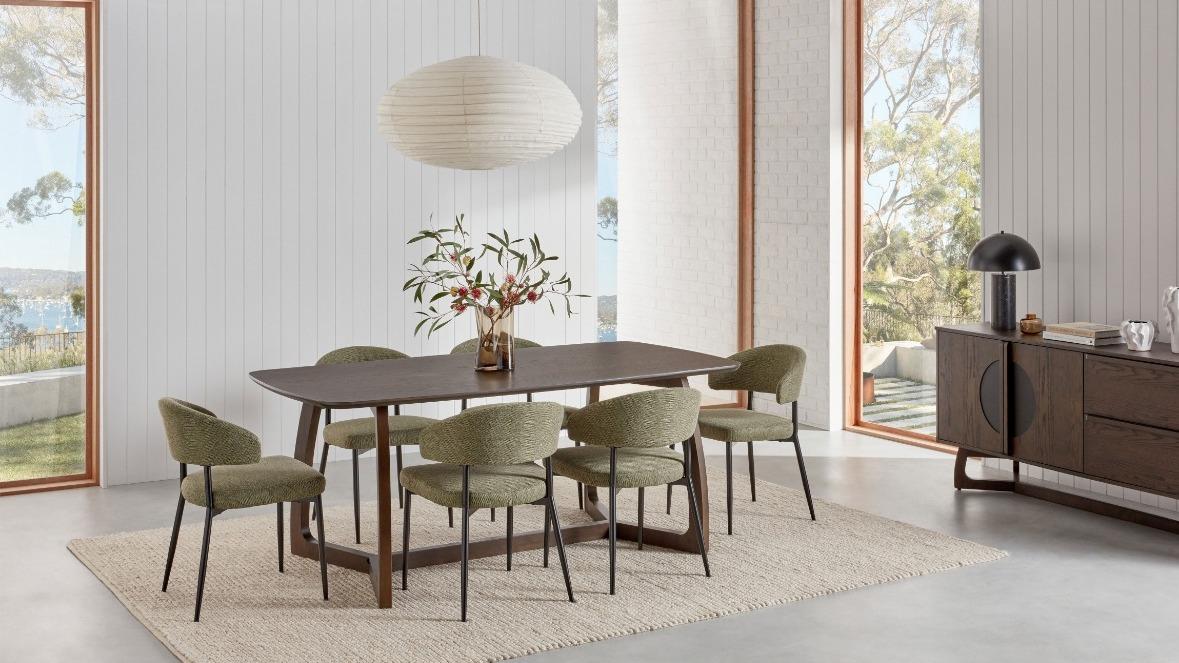 Malibu 7-Piece Dining Table Set - Granite with Olive Green Fabric Chairs