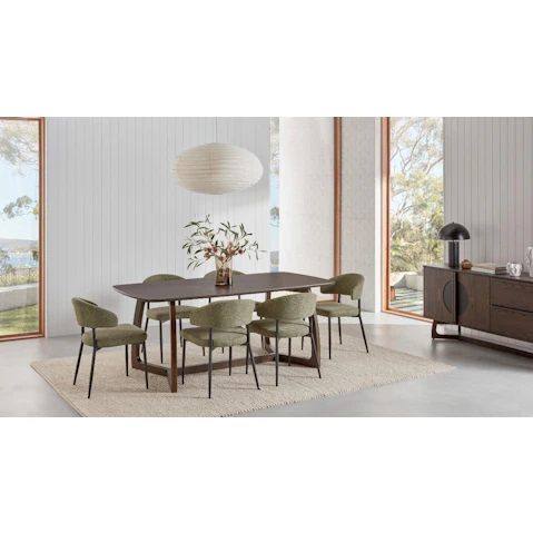 Malibu 7-Piece Dining Table Set - Granite with Olive Green Fabric Chairs